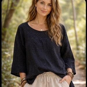 Johnny Was Black All Over Embroidered 3/4 Sleeve Blouse Size XS